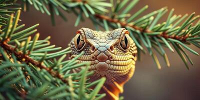A tight shot of a lizard's face emerging from behind a green pine branch photo
