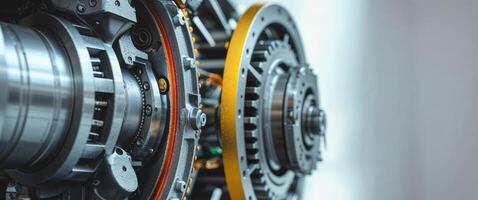 An Intricate CloseUp Image of Industrial Machinery Featuring Rotating Components and Features. photo