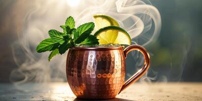 Refreshing Copper Mug Filled with Lime and Mint Garnish in Sunlight. photo