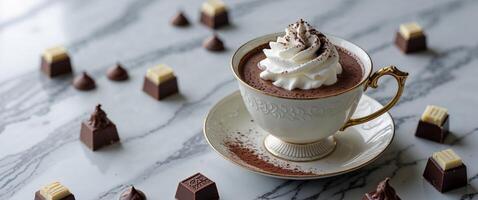 Delicious hot chocolate topped with whipped cream and cocoa placed on a marble table surrounded by chocolate treats. photo