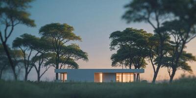 Modern house illuminated at dusk with tall trees in the background. photo