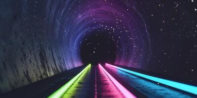 Illuminated Tunnel in Cosmic Space with Glowing Neon Pathways. photo
