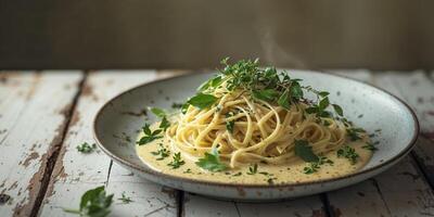 Aromatic Lemon Pasta with Fresh Herbs and Creamy Sauce on Rustic Table. photo