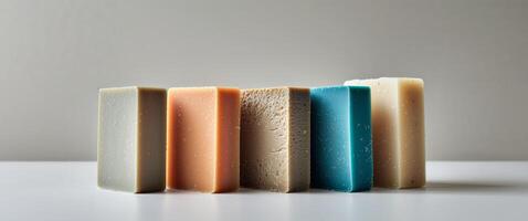 Four Rectangular Bars of Soap with Varying Colors and Textures photo