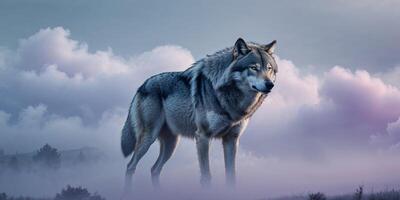 A wolf standing in the fog with clouds in the background photo