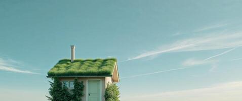 A small house with grass growing on top photo