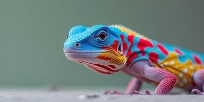 A colorful lizard with a red, yellow and blue pattern photo