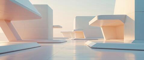 A futuristic city with white buildings and benches photo