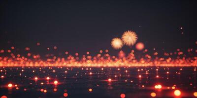 Fireworks over the water with lights photo