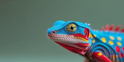 A colorful lizard with a yellow and blue face photo