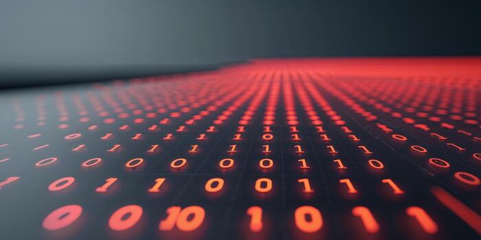 Digital binary code display with glowing red numbers. photo