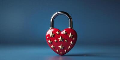 Red heart shaped padlock with golden stars on blue background symbolizing data security privacy protection and digital encryption in modern society photo
