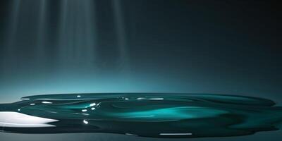 Dark Teal Mystical Liquid Scene with Reflective Surface and Light Beams. photo