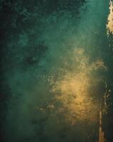 Distressed green and gold texture with dark gradient for dramatic effect and depth creating a vintage aesthetic perfect for backgrounds photo