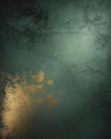 Distressed green and gold texture with dark gradient for dramatic effect and depth creating a vintage aesthetic perfect for backgrounds. photo
