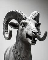 A statue of a ram with large horns photo