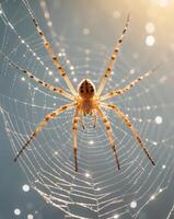 Glowing spider on web with blurred dots background. photo