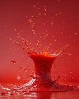 Dynamic Red Tomato Juice Splash on Red Background photo
