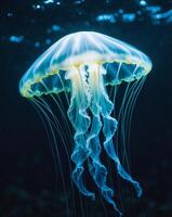 Glowing jellyfish floating in dark ocean depths showing bioluminescence photo
