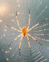 A spider sits on its web in front of a bright light photo