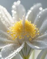 A close up of a white flower with water droplets photo