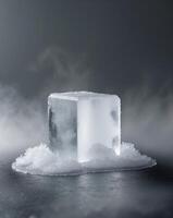 Ice cube on a black background with smoke photo