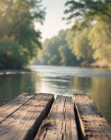 A wooden dock on the river with trees in the background photo