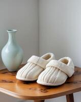 A pair of white slippers on a wooden table photo
