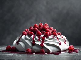 A pavlova with raspberry sauce on a dark background photo