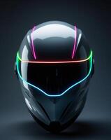 Futuristic Helmet with Neon Lights Dark Gray Background photo