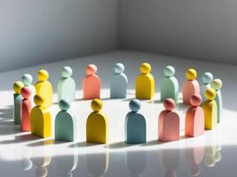 Group colorful wooden figures arranged circle surface are Unity and teamwork create. photo