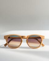 Wooden Sunglasses with Bamboo Frame and Gradient Lenses on Neutral Background photo