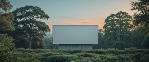 An empty movie screen in the middle of a forest photo