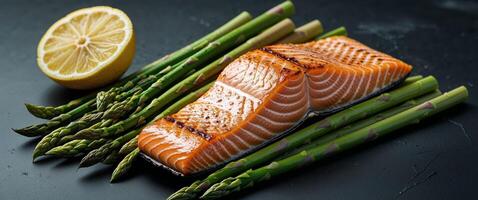 Grilled Salmon with Asparagus and Lemon on Dark Background. photo