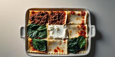 A platter of assorted lasagna slices with various fillings. photo