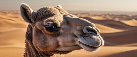 Closeup of a camel's head with the vast desert stretching into the distance. photo