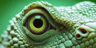 A close up of a lizard's eye with a green background. photo