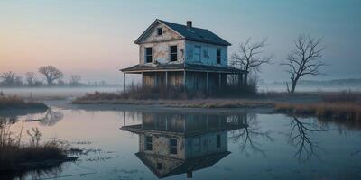 Abandoned house reflecting in still water near a desolate landscape during twilight hours photo