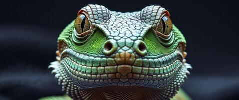 A close up of a lizard's face with a black background photo