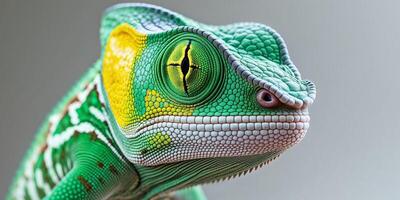 A tight shot of a green chameleon's face displays a yellow mark on its left eye photo