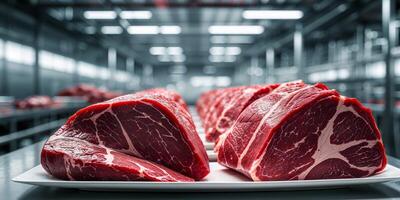 Fresh cuts of meat arranged on plates in a processing facility photo