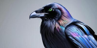A black bird with colorful feathers photo