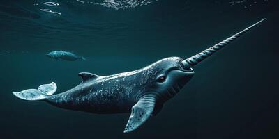 A narwhal with a long horn on its head swimming in the ocean photo