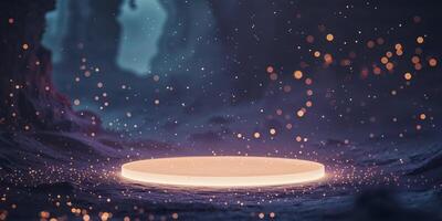 Dark atmospheric scene with illuminated circular platform and glowing particles in a mystical setting for creative presentations and design projects. photo