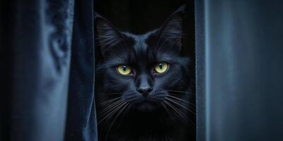 Black cat with piercing yellow eyes peeking from behind a dark surface in a mysterious and dramatic setting photo