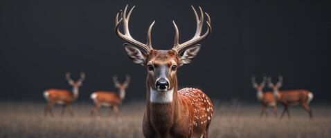 Deer buck on dark background his herd barely visible in the background. photo