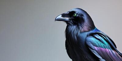 Majestic Raven with Iridescent Feathers and Piercing Green Eyes. photo