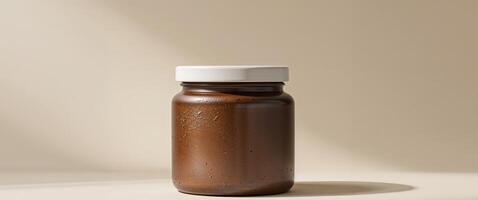 Brown Glass Jar with White Lid on a Neutral Background for Products photo