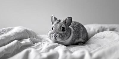 Adorable furry creature with large eyes resting on a bed photo
