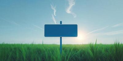 Blank Blue Signpost in a Green Field Under a Blue Sky. photo